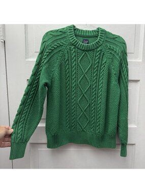 Gap Cable Knit Sweater Green Cotton Crew Neck Raglan Long Sleeve Men’s M